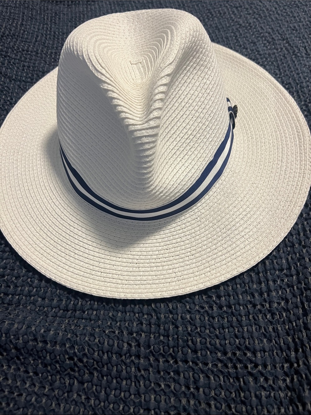 Tommy Bahama White Straw Fedora with Navy Stripe Band